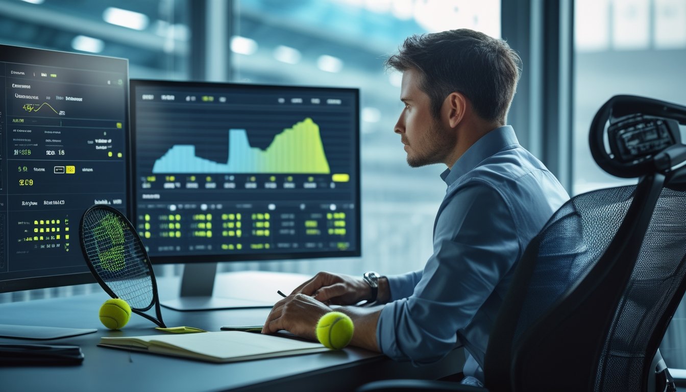 Analis olahraga meninjau statistik pertandingan tenis di monitor dengan raket dan bola tenis di meja.
