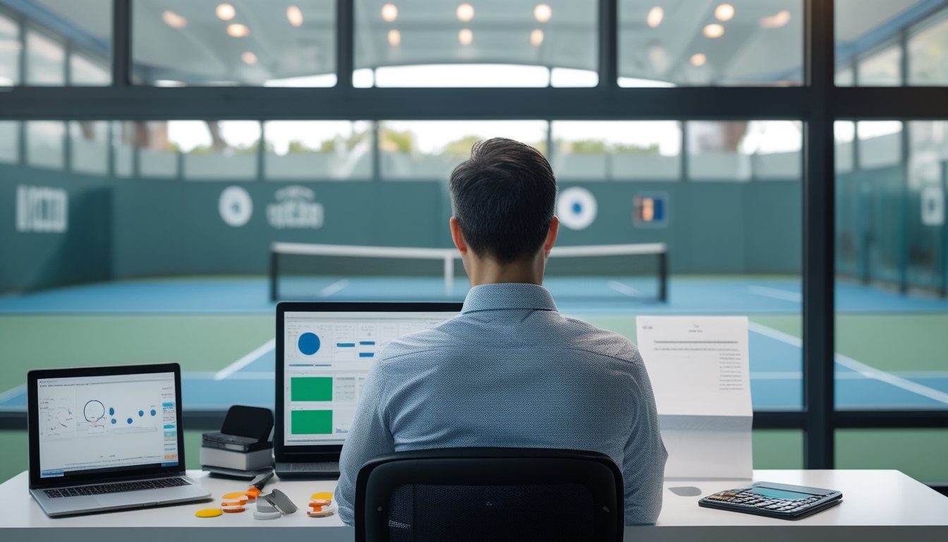 Analis tenis mempelajari data pertandingan di meja kerja dengan lapangan tenis terlihat di belakangnya.