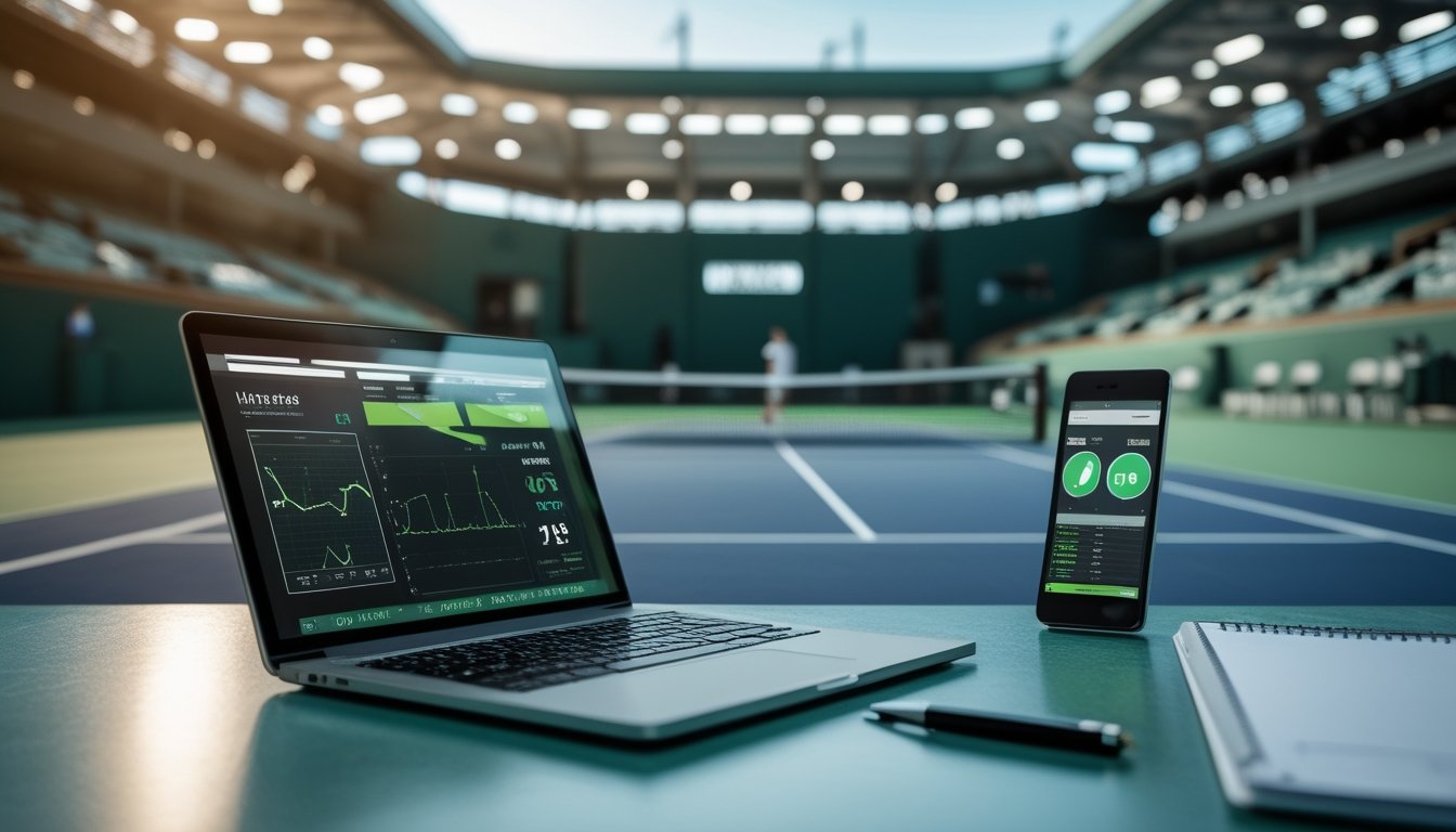 Analis sedang mempelajari data pertandingan tenis di meja dekat lapangan.