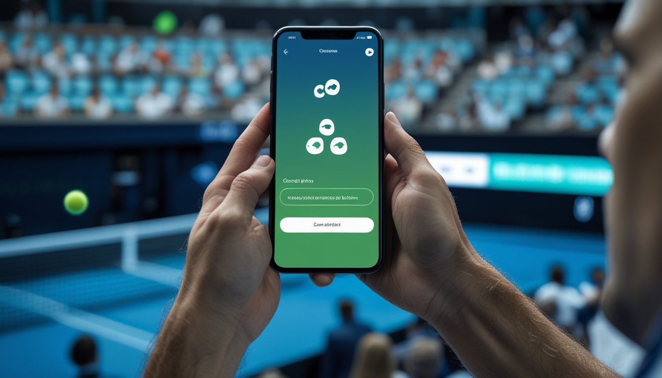 Penonton tenis menggunakan ponsel saat pertandingan berlangsung di stadion.