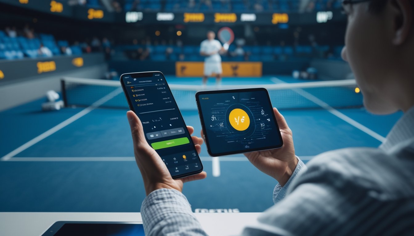 Seorang penonton memantau pertandingan tenis sambil menggunakan ponsel di stadion.