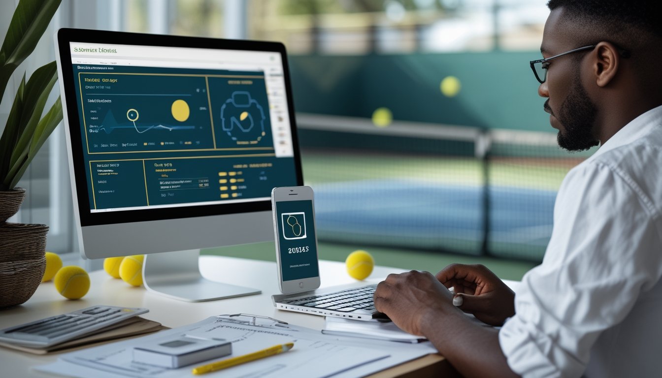 Pemula mempelajari analisis pertandingan tenis melalui laptop dan ponsel di meja kerja.