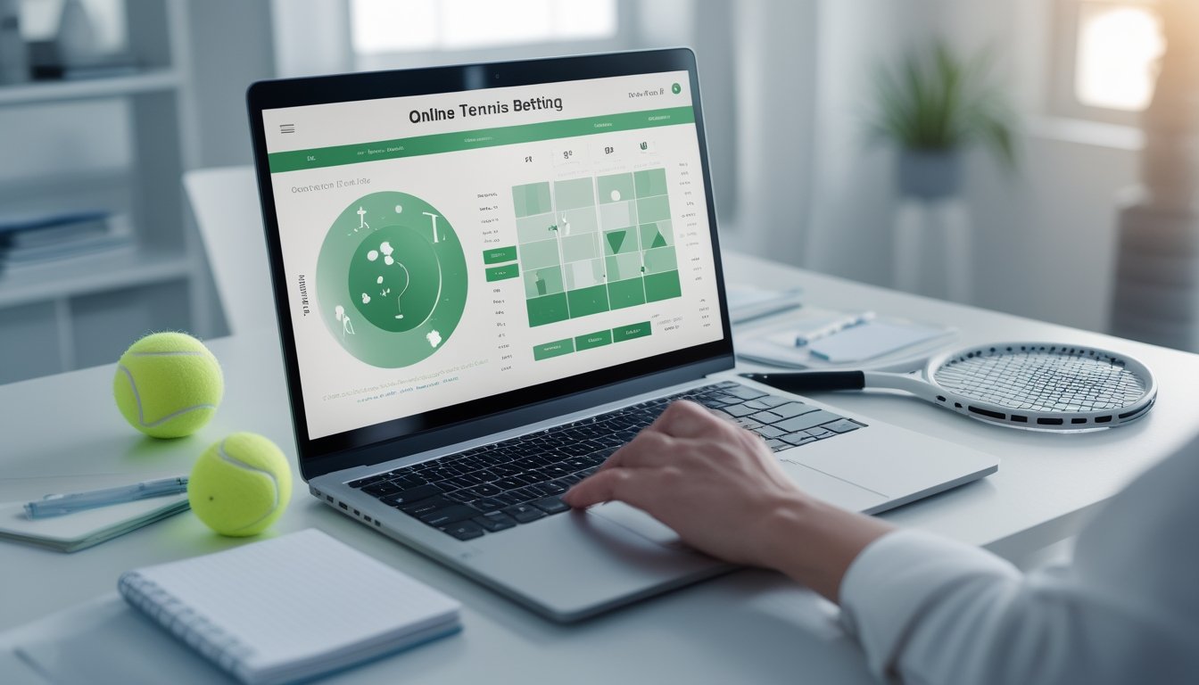 Meja kerja modern dengan laptop, ponsel, raket, dan bola tenis untuk mempelajari taruhan tenis online.