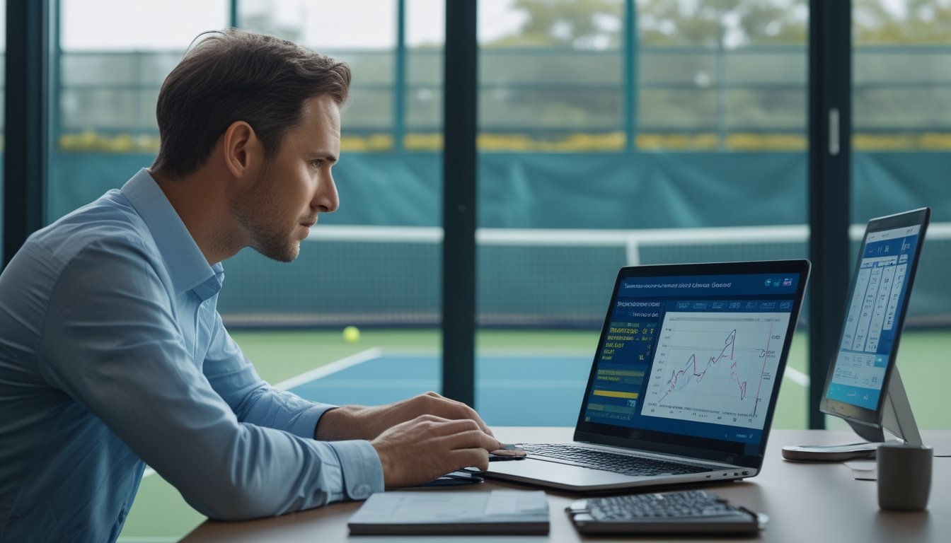Seorang analis mempelajari statistik pertandingan tenis di laptop di ruang kerja modern.