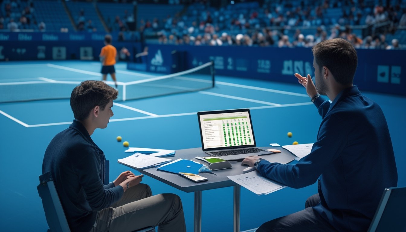 Seorang petaruh tenis pemula berdiskusi dengan mentor sambil mengamati pertandingan dan meninjau catatan analisis.