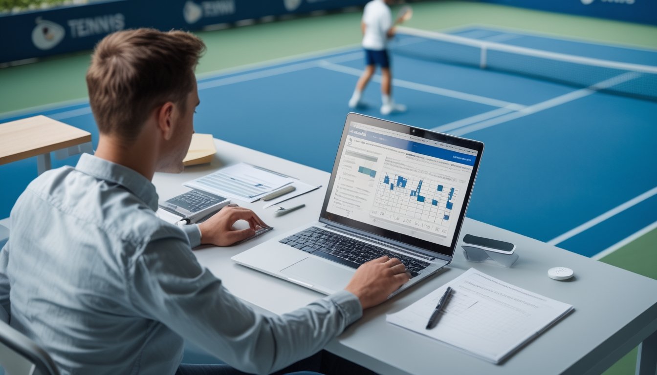 Seorang pemula menganalisis statistik pertandingan tenis di meja kerja di samping lapangan tenis.