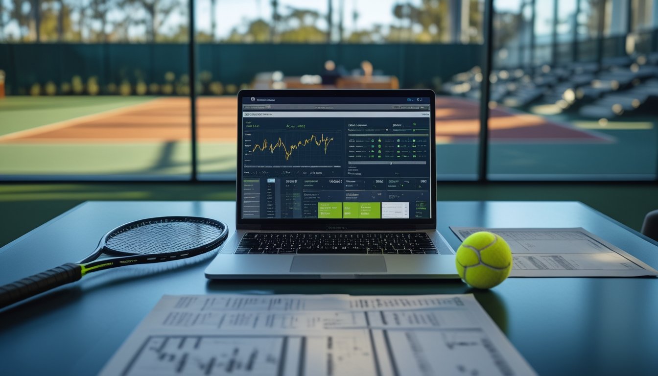 Meja analisis tenis dengan raket, bola, laptop berisi grafik, dan lapangan tenis di latar belakang.