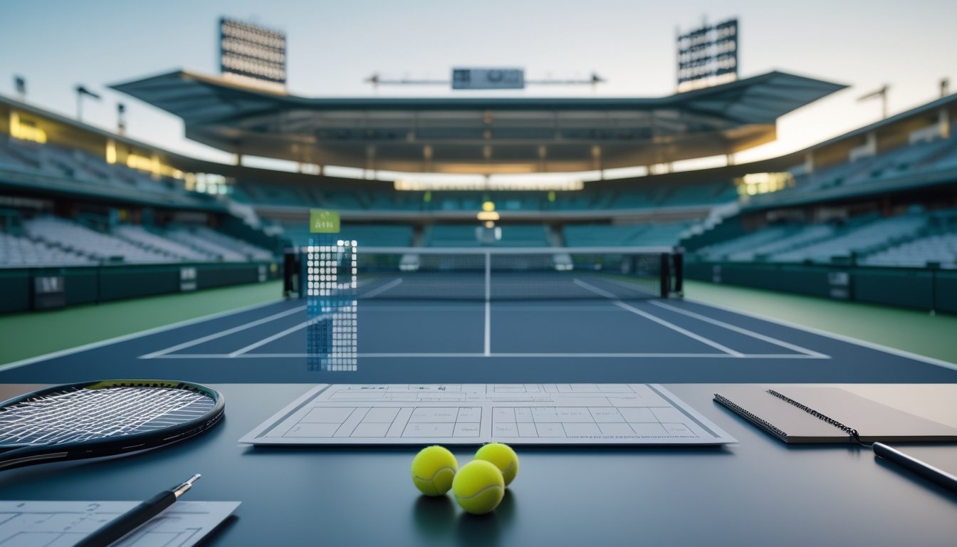 Perlengkapan tenis dan jadwal pertandingan tanpa tulisan tersusun di meja dengan stadion tenis sebagai latar.