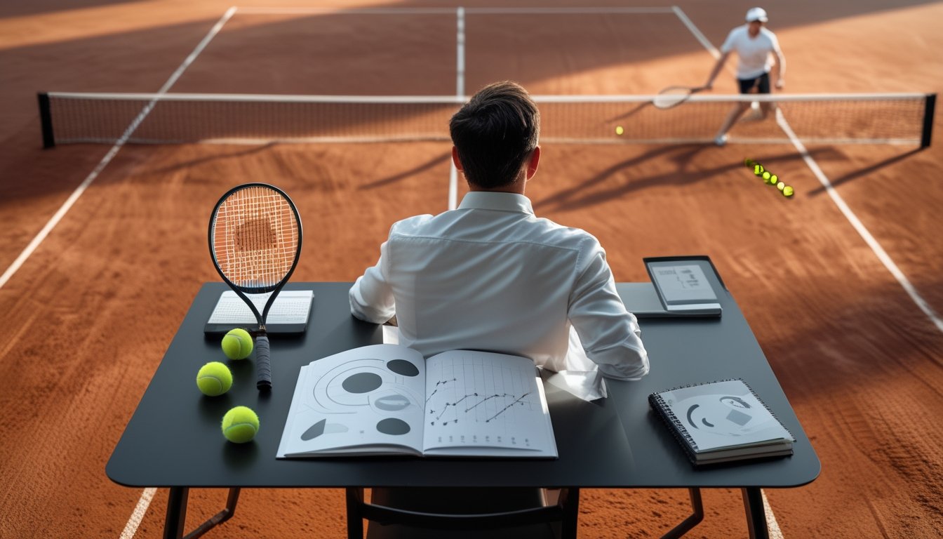 Seorang analis meninjau data di tepi lapangan tenis tanah liat saat pemain bersiap bertanding.
