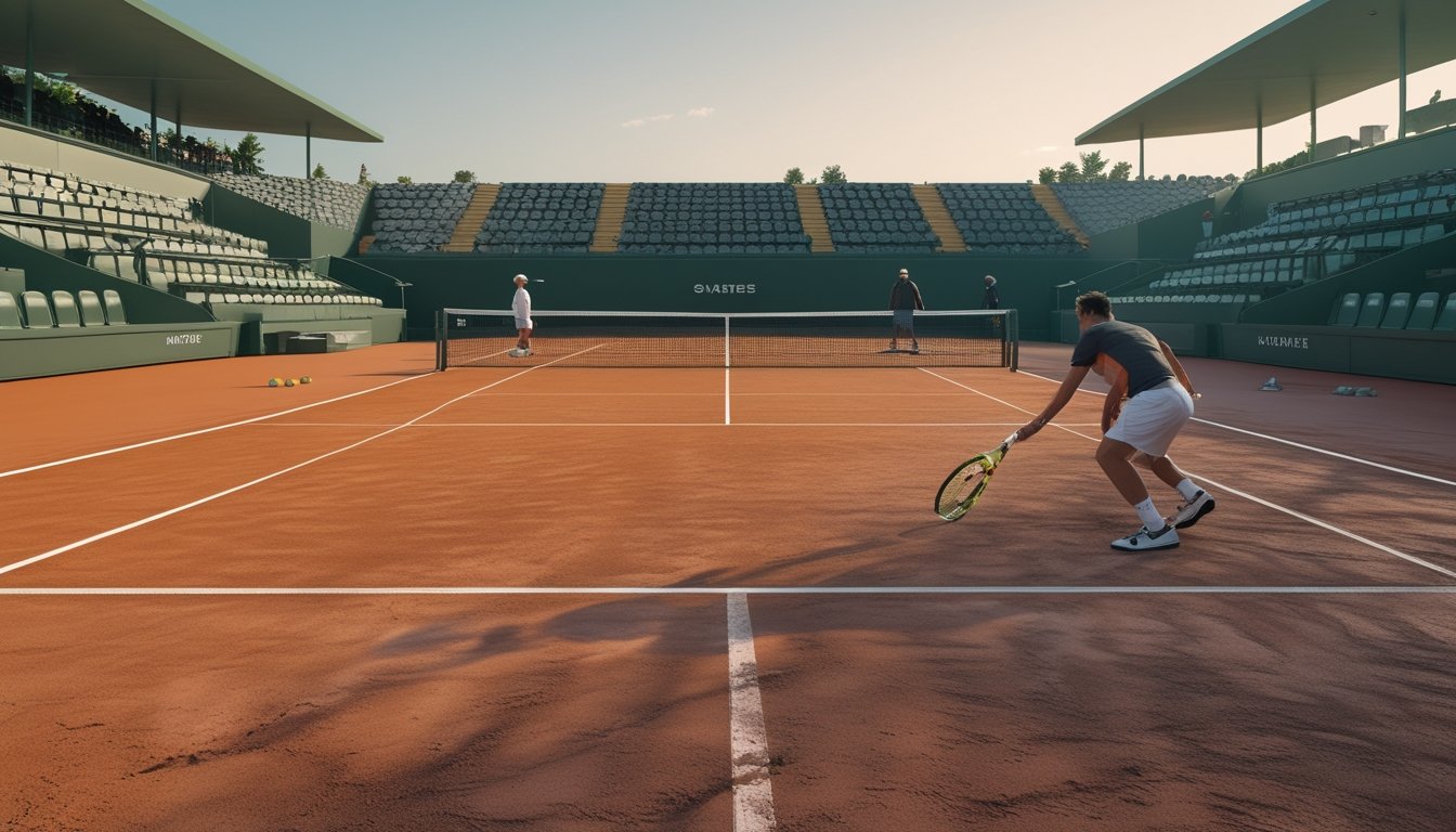 Pemain tenis melakukan pukulan sambil meluncur di lapangan tanah liat merah dalam suasana turnamen.