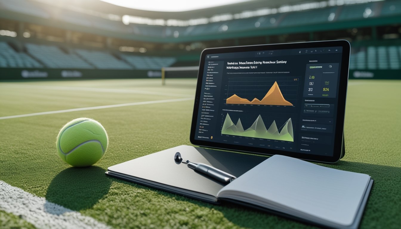 Tablet dengan grafik abstrak dan perlengkapan tenis berada di sisi lapangan rumput.