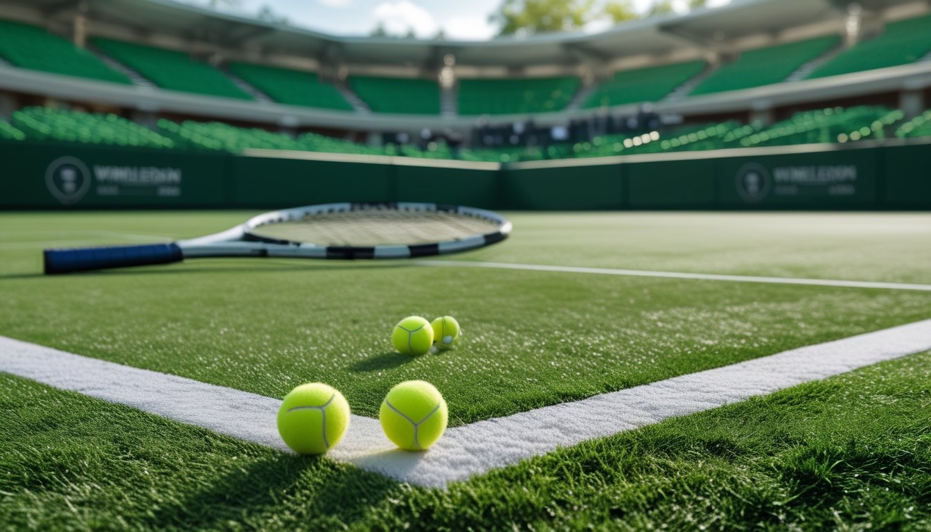 Lapangan tenis rumput hijau dengan raket dan bola tenis di dekat garis lapangan.