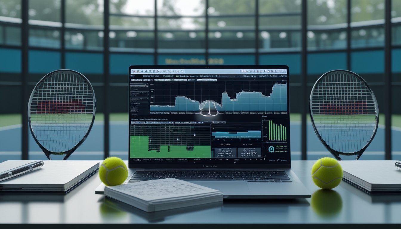 Meja analisis dengan raket tenis, bola tenis, laptop berisi grafik statistik, dan lapangan tenis di latar belakang.