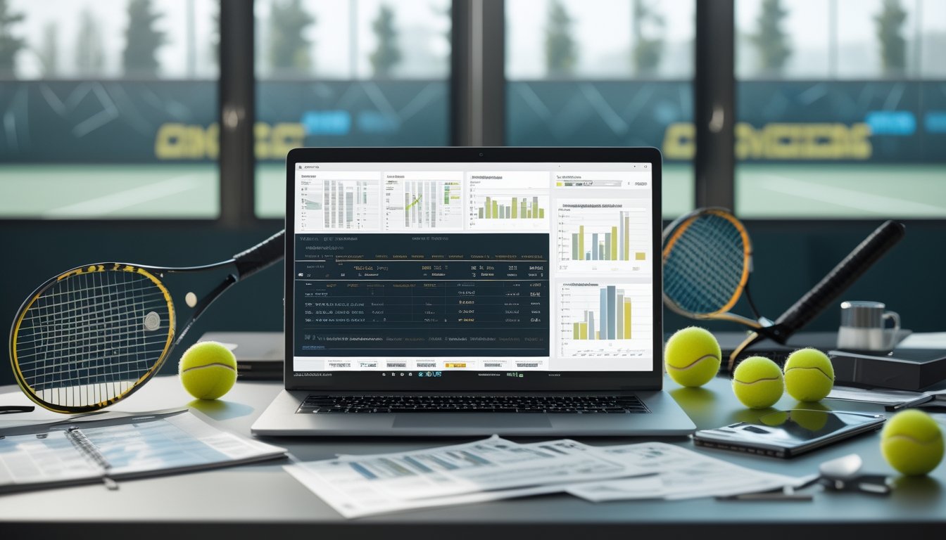 Analis olahraga meninjau data pertandingan tenis di meja kerja dengan raket dan bola tenis di dekat laptop.