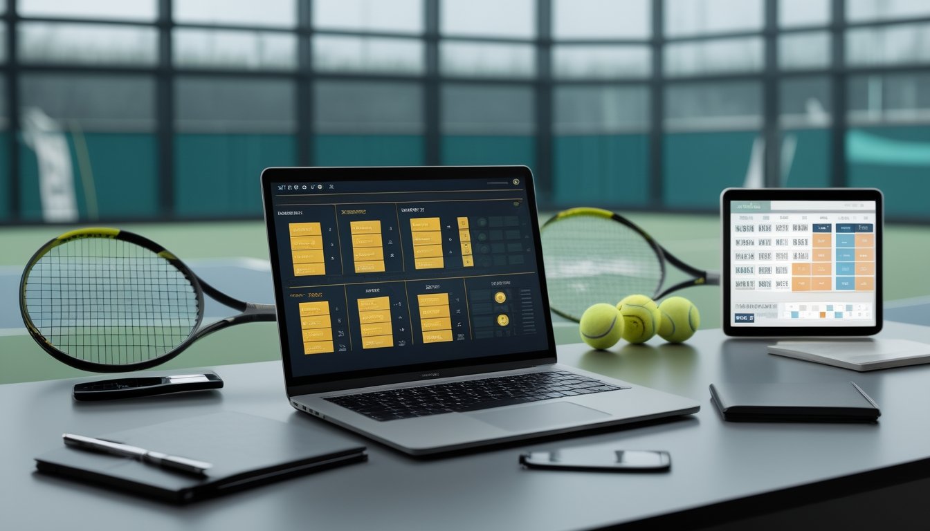 Meja analisis dengan raket tenis, bola tenis, laptop berisi grafik abstrak, dan lapangan tenis di latar belakang.