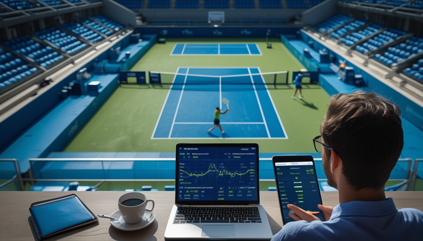 Seorang analis mengamati pertandingan tenis sambil memeriksa statistik pertandingan secara langsung di laptop dan tablet.
