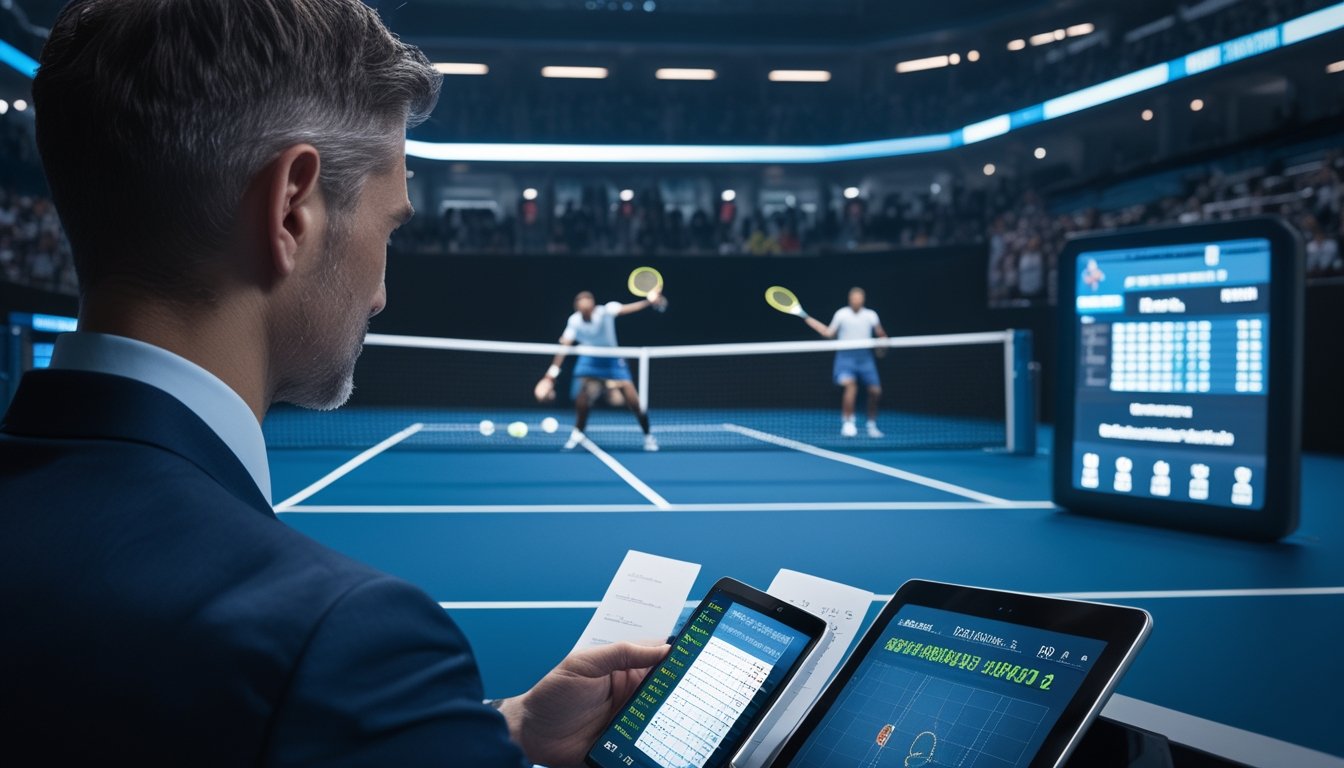 Seorang analis mengamati pertandingan tenis langsung sambil mempelajari tablet berisi grafik sederhana.