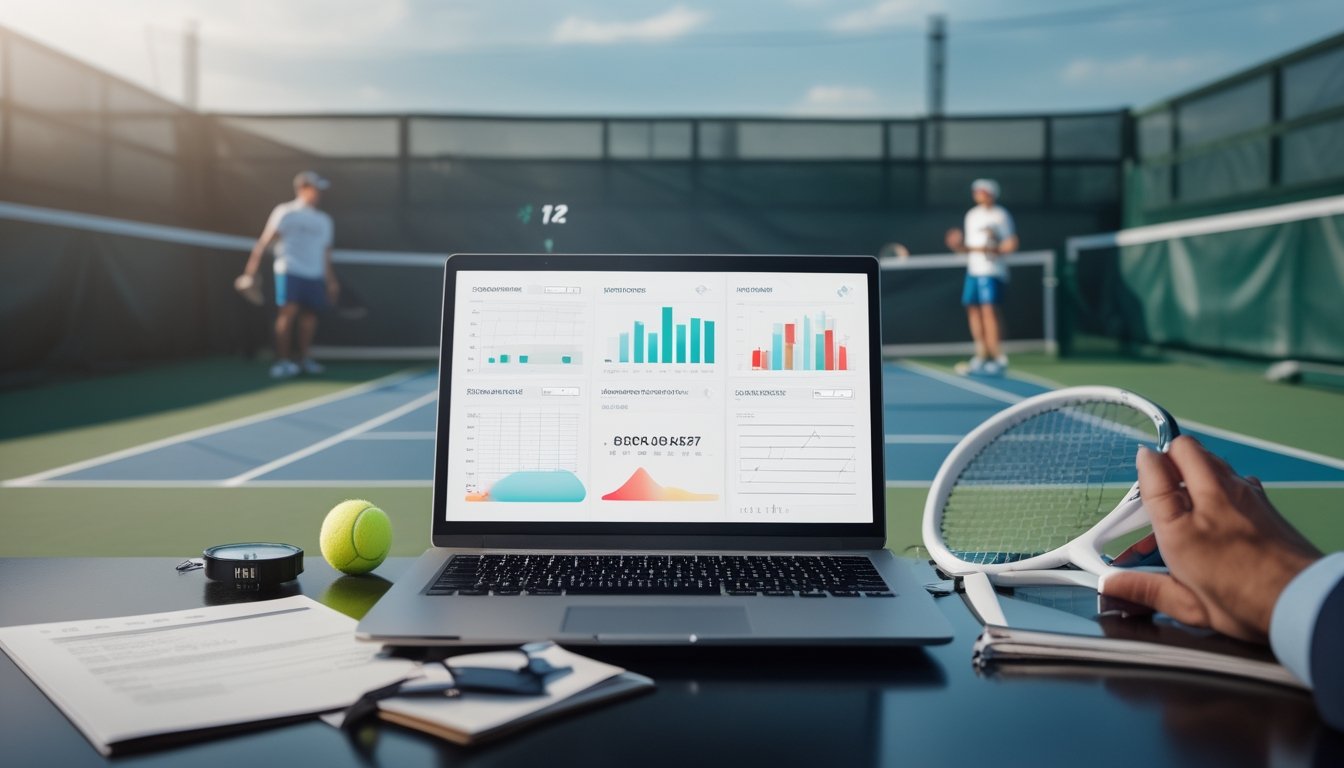 Ruang analisis dengan laptop berisi grafik, perlengkapan tenis, dan lapangan tenis di latar belakang.