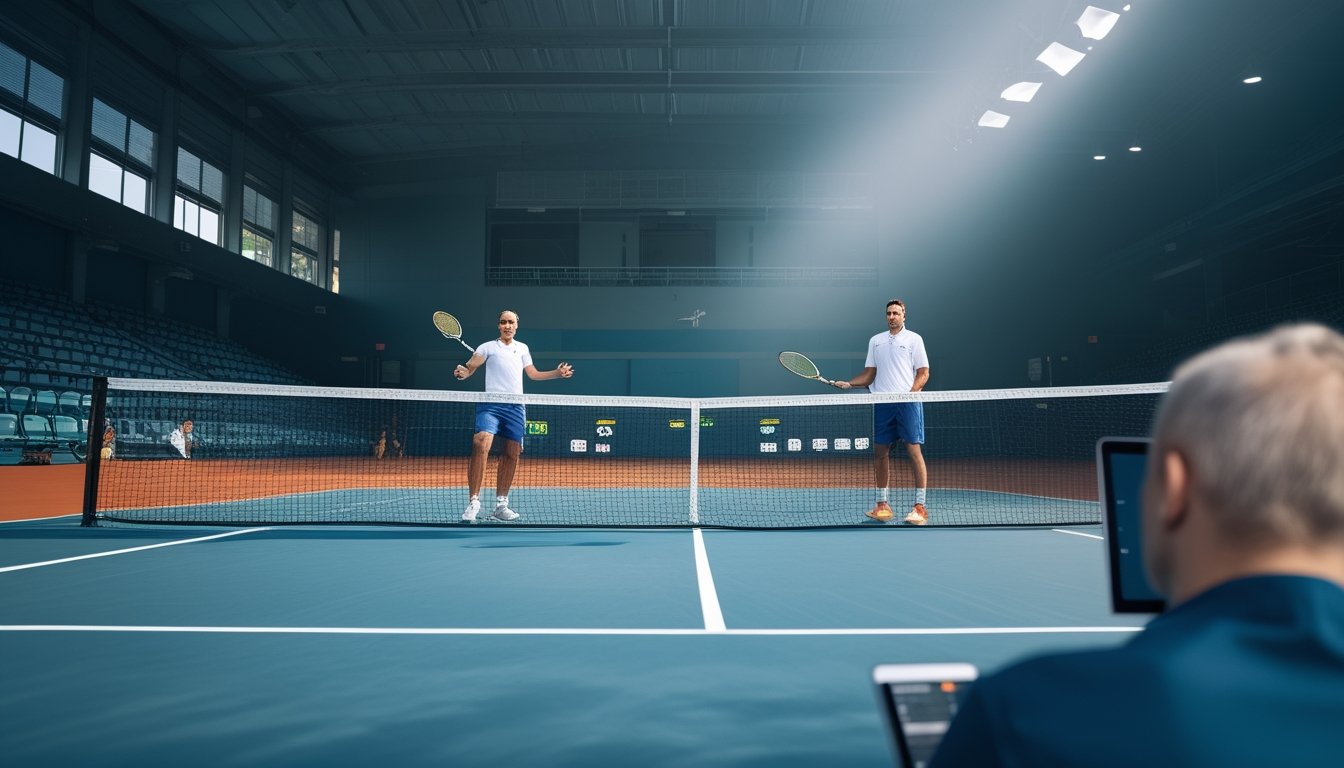 Dua pemain tenis bertanding di lapangan dengan seorang pengamat melihat dari sisi lapangan.