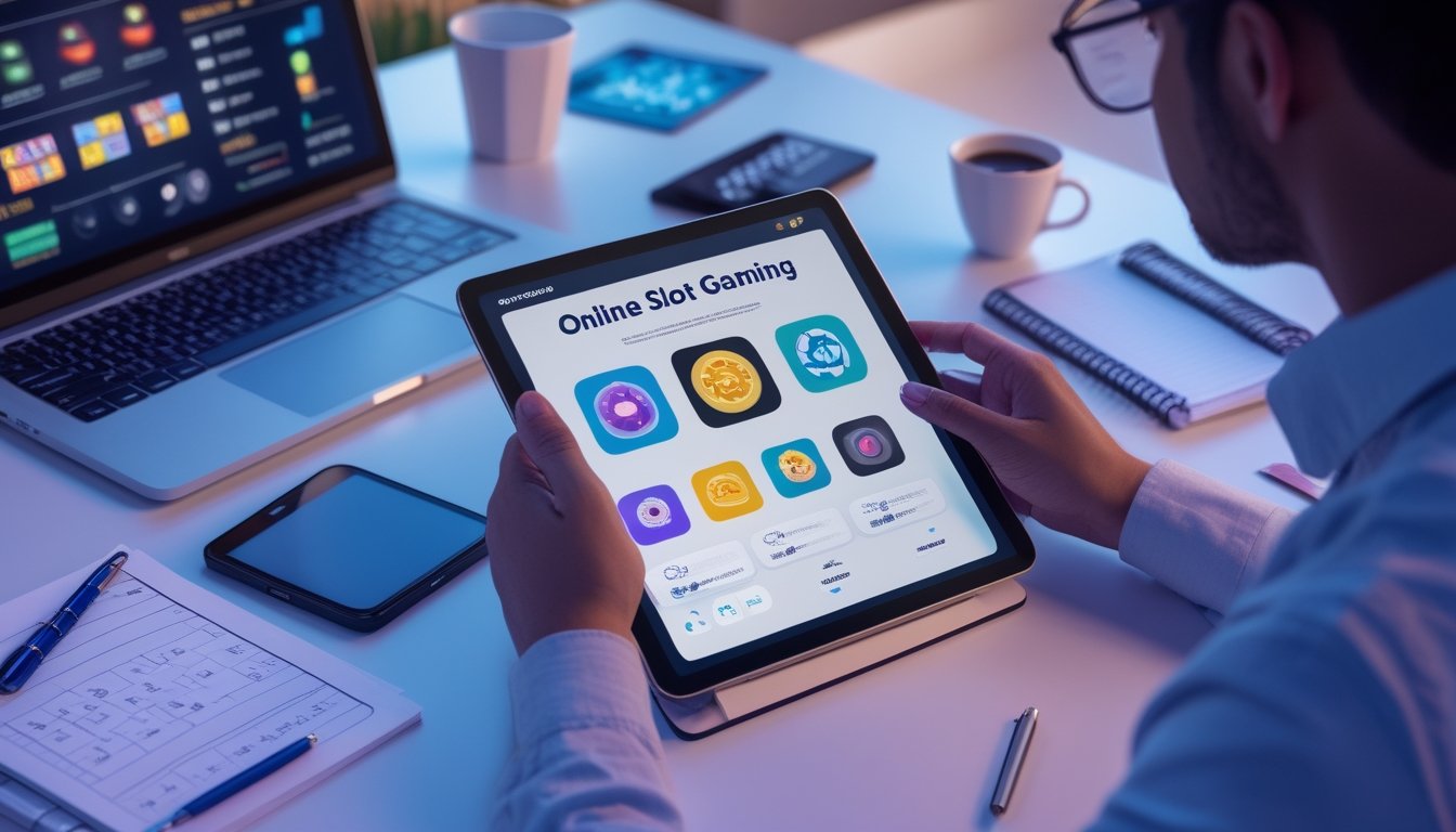 Seorang pemula mempelajari strategi permainan slot online di ruang kerja dengan tablet, catatan, kalkulator, dan kopi.