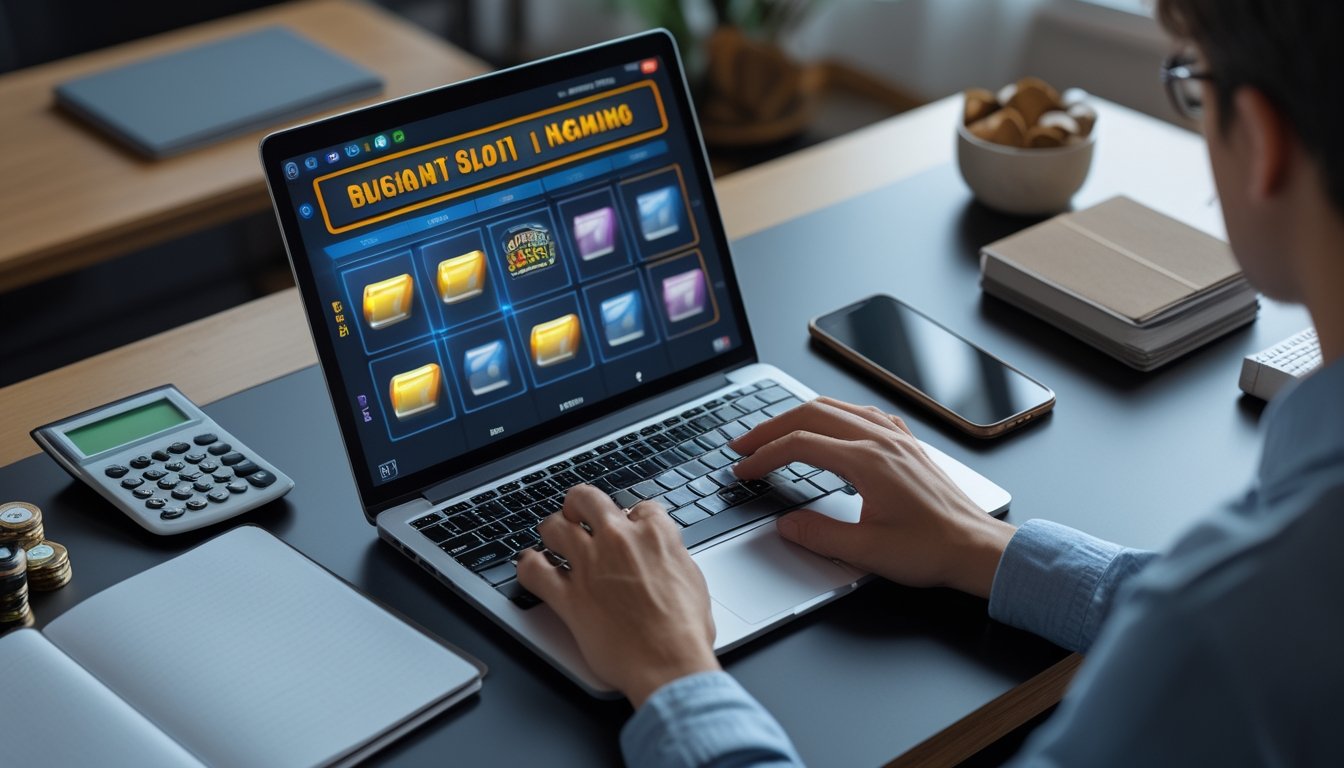Pemula mempelajari permainan slot online di depan laptop dengan notebook, kalkulator, dan koin di meja.