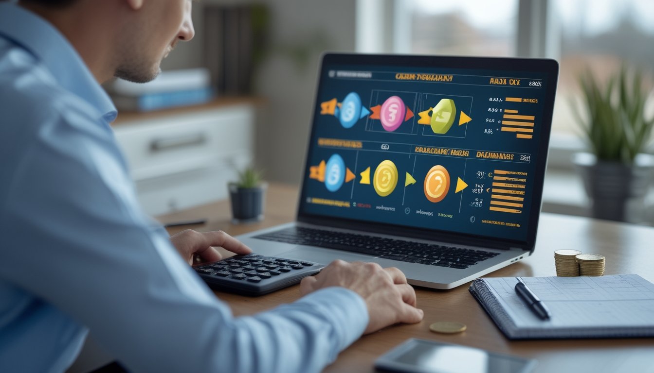 Seseorang menganalisis data permainan slot di laptop dengan kalkulator, catatan kosong, dan koin di meja.
