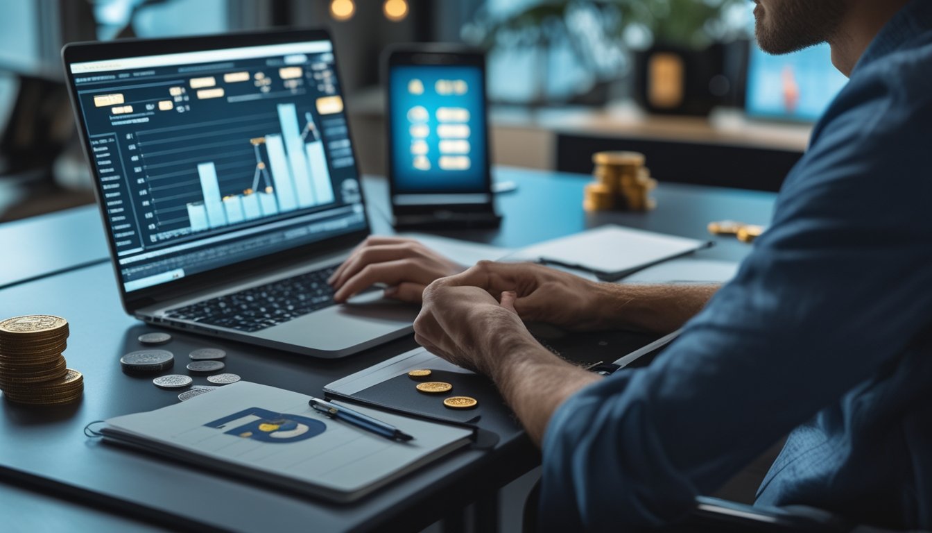 Seorang analis memeriksa grafik abstrak di laptop dengan kalkulator dan buku catatan di meja.