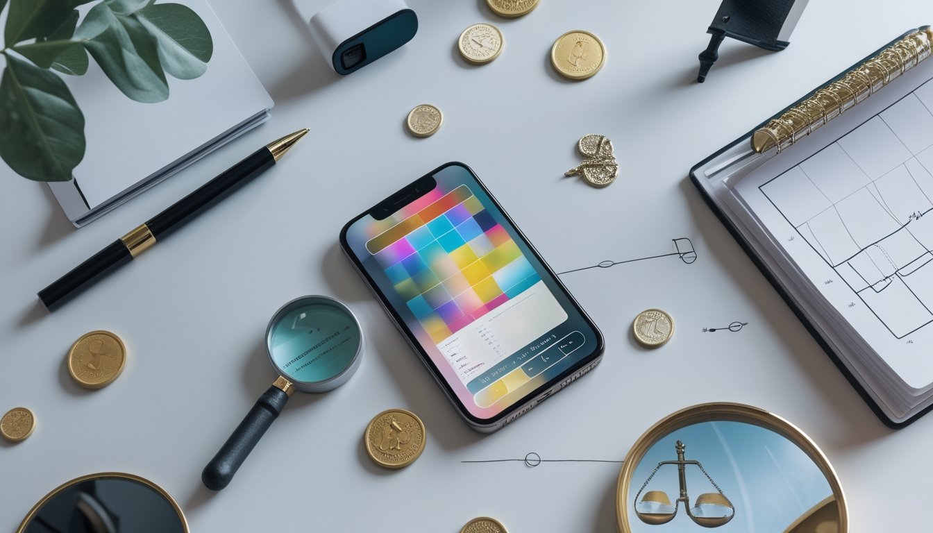 Meja dengan ponsel, kaca pembesar, timbangan, dan benda-benda yang menggambarkan perbandingan mitos serta fakta tentang pola permainan slot online.