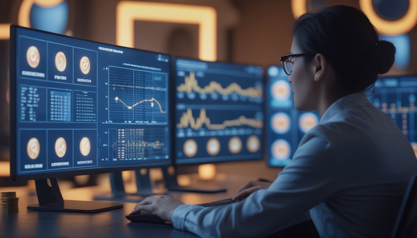 Analis dewasa mengamati grafik probabilitas dan hasil acak pada beberapa monitor di ruang kerja modern dengan elemen kasino yang samar.