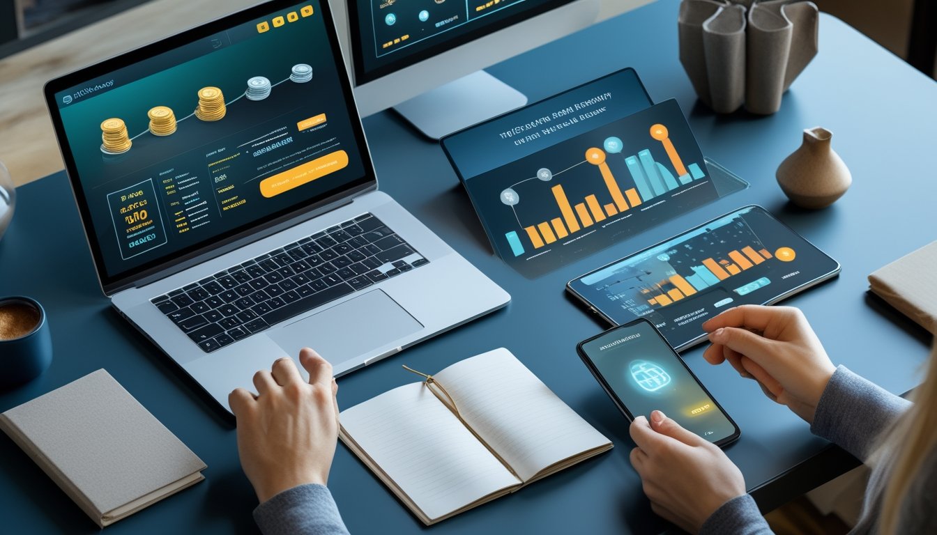 Seseorang membandingkan beberapa tampilan mesin slot digital dan grafik risiko di meja kerja modern.