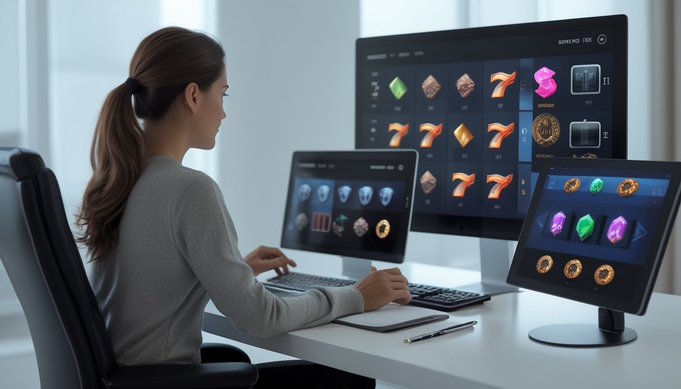 Seseorang membandingkan beberapa permainan slot digital di meja kerja dengan suasana tenang dan analitis.