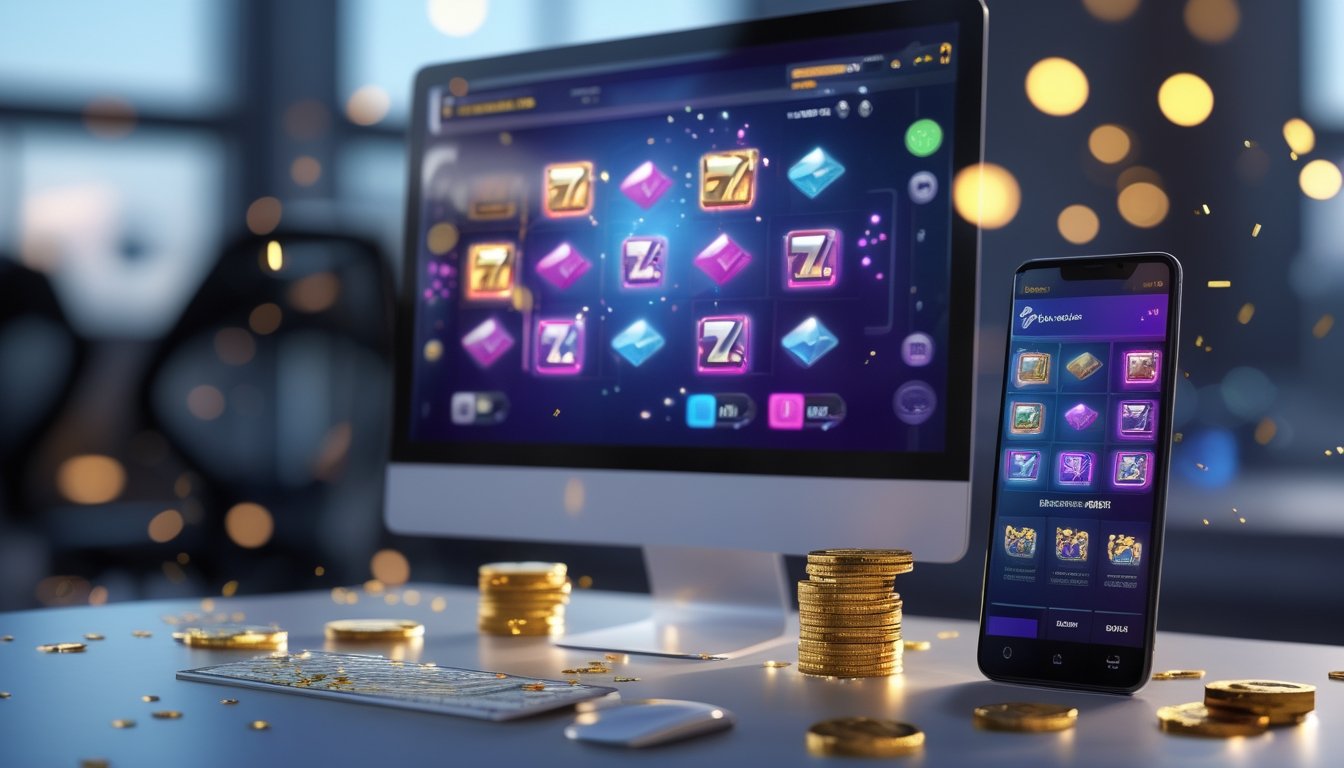 Monitor dan ponsel menampilkan permainan slot digital berwarna-warni dengan koin emas dan efek perayaan di atas meja modern.