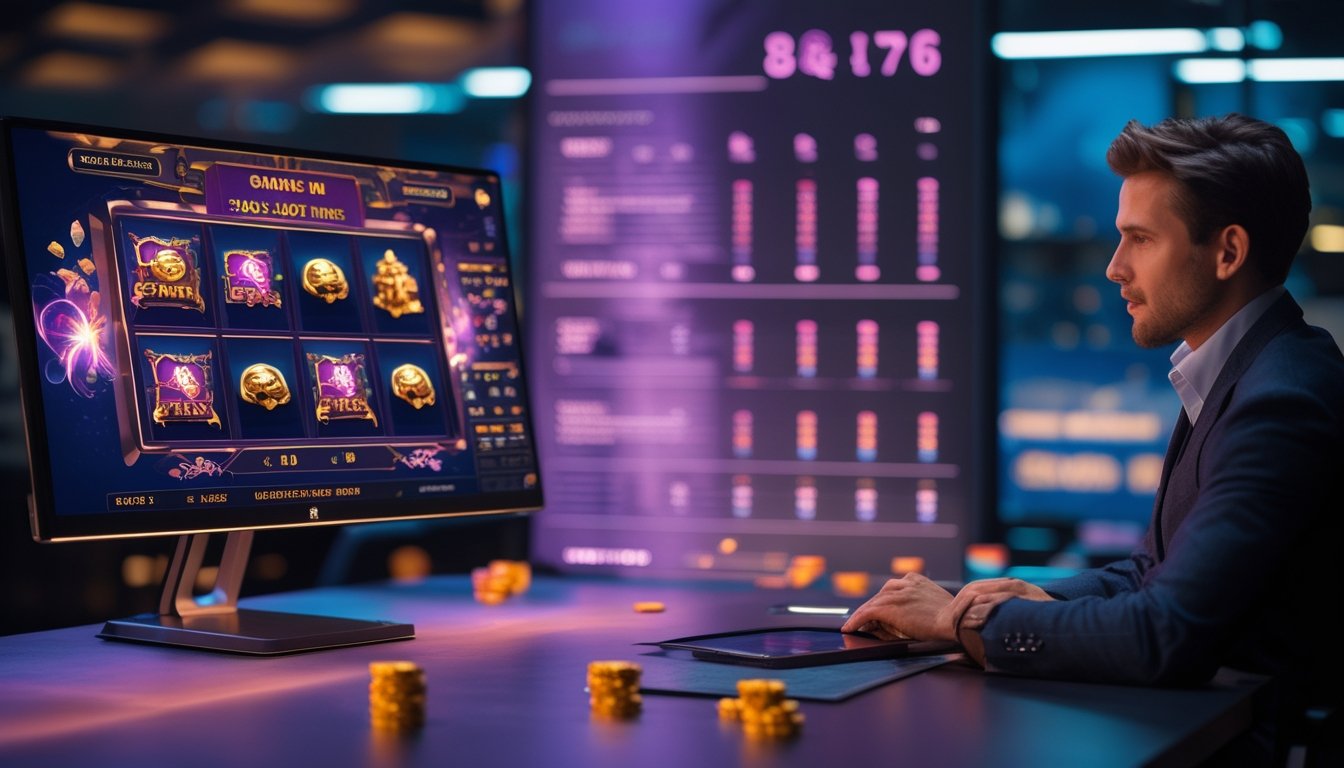 Seorang analis meninjau permainan slot digital dengan simbol bonus, putaran gratis, pengganda, dan koin bercahaya di ruang kerja modern.