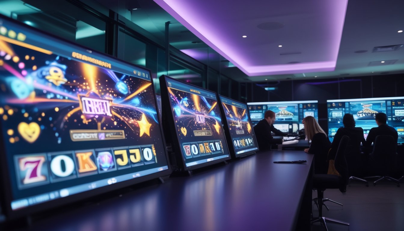 Sekelompok orang dewasa membandingkan permainan slot digital di ruang teknologi modern.
