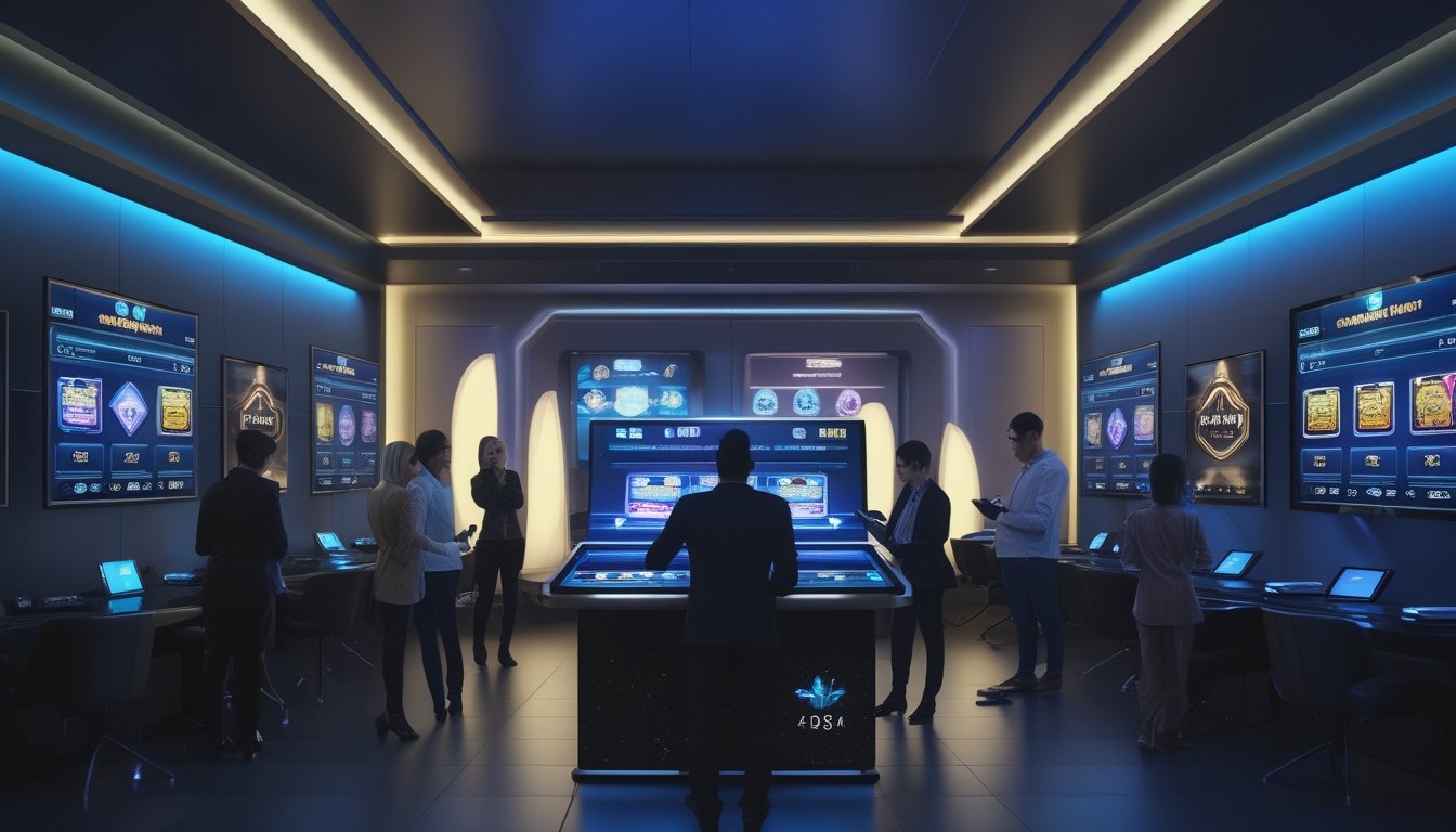 Sekelompok orang dewasa meninjau berbagai tampilan permainan slot digital di ruang gaming modern.