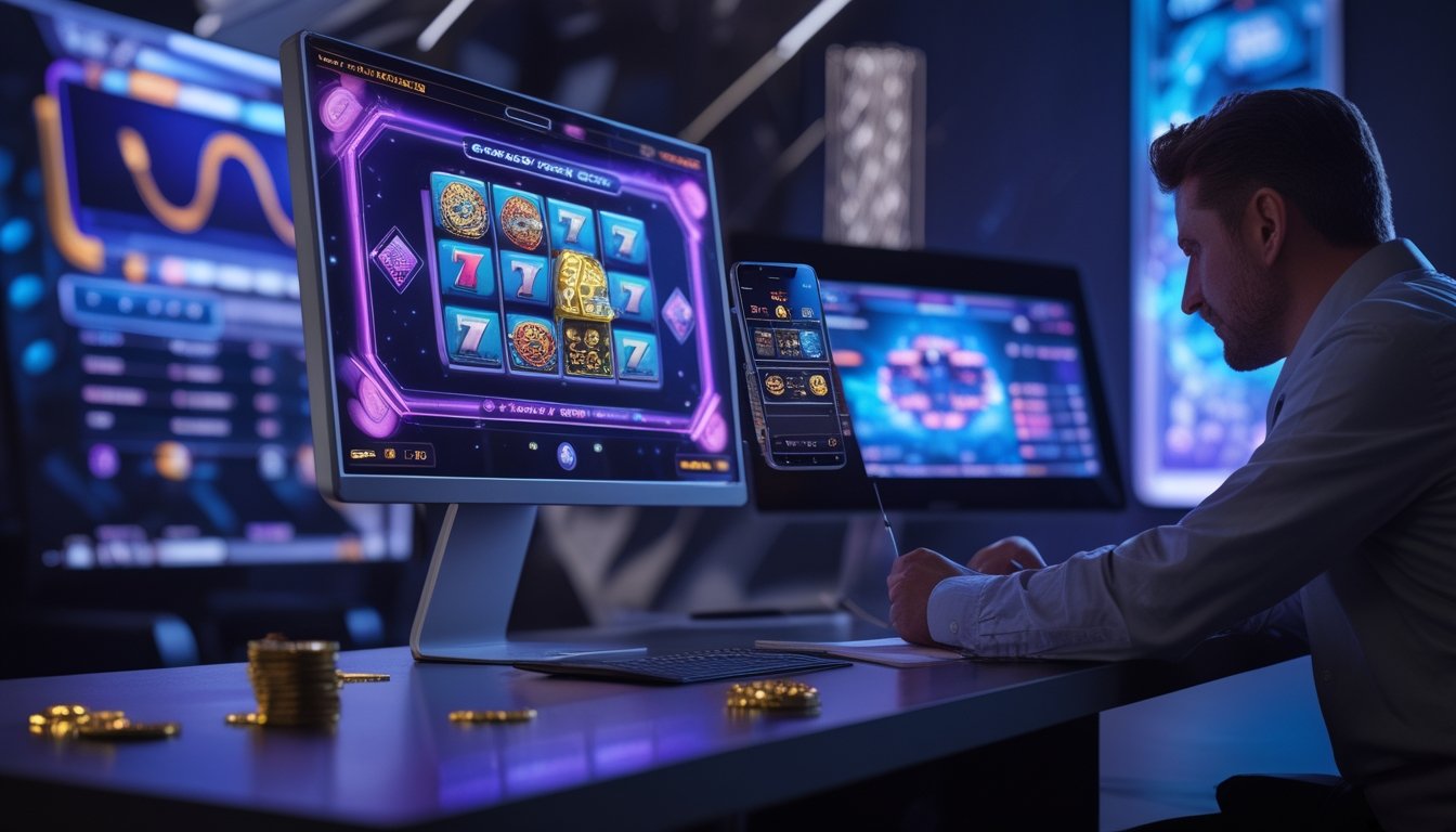 Seorang pemain menganalisis permainan slot digital di monitor dan ponsel sambil mencatat strategi di meja kerja.