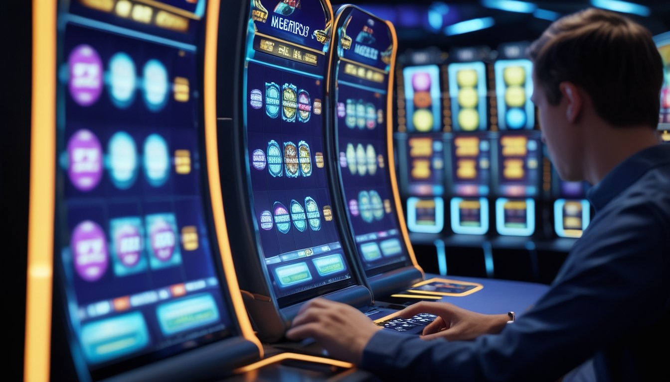 Pemain mengamati permainan slot digital dengan gulungan warna-warni dan efek cahaya di lingkungan kasino modern.