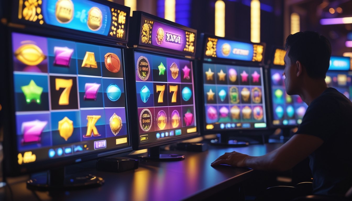 Deretan layar permainan slot berwarna-warni diamati oleh seorang pemain di ruang hiburan modern.