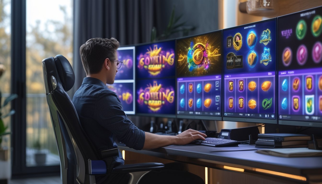 Pemain membandingkan beberapa permainan slot digital di depan beberapa layar dalam ruangan hiburan modern.