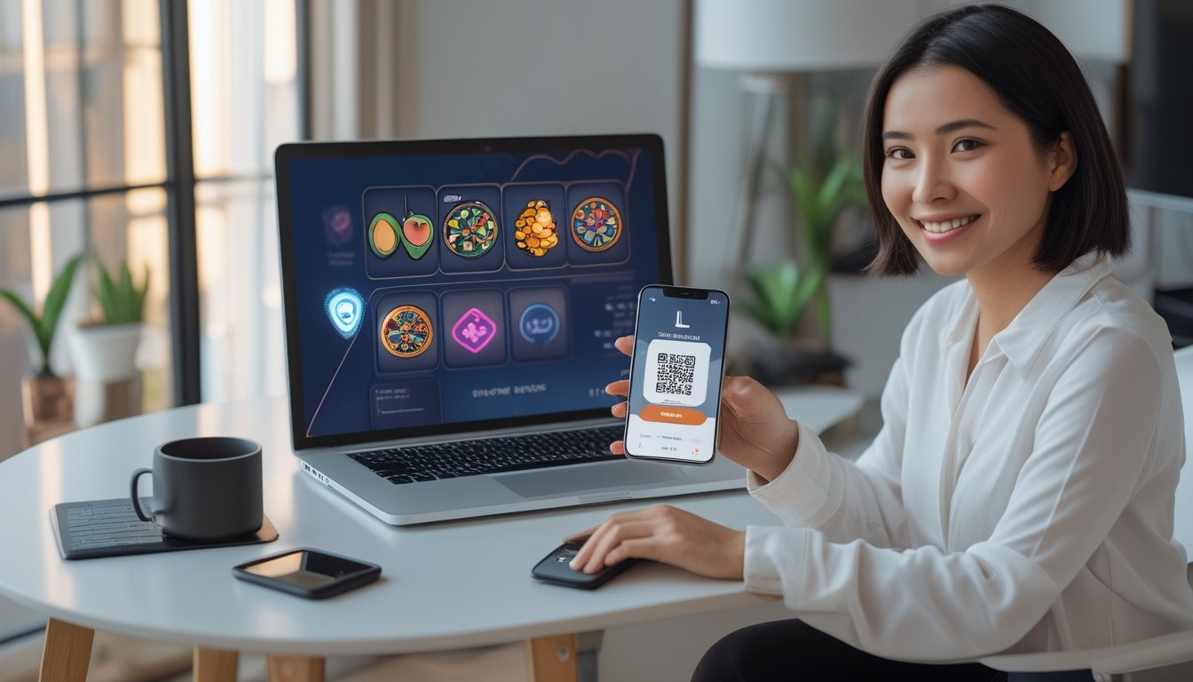 Orang dewasa menggunakan laptop dengan permainan slot digital sambil memindai pembayaran QRIS melalui ponsel.