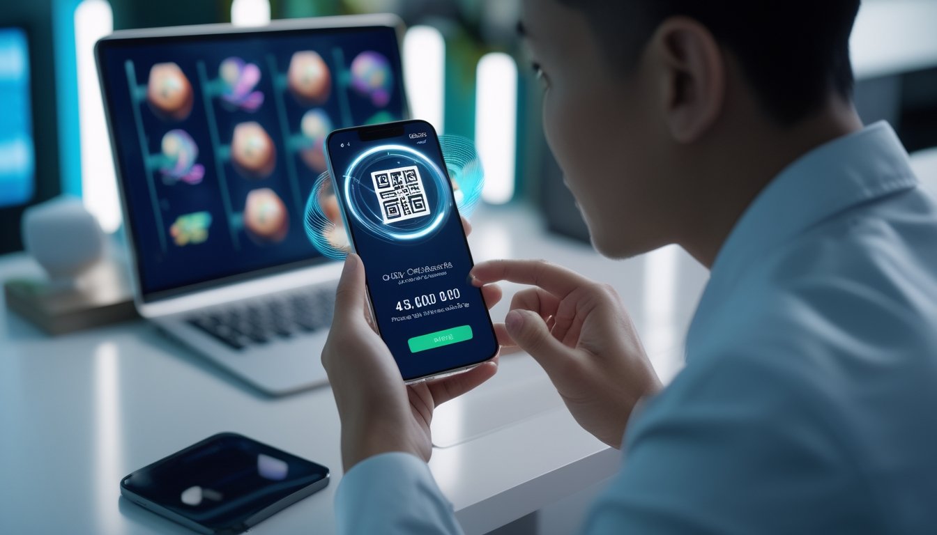 Pengguna memindai kode QR dengan ponsel di depan laptop yang menampilkan permainan slot secara samar.