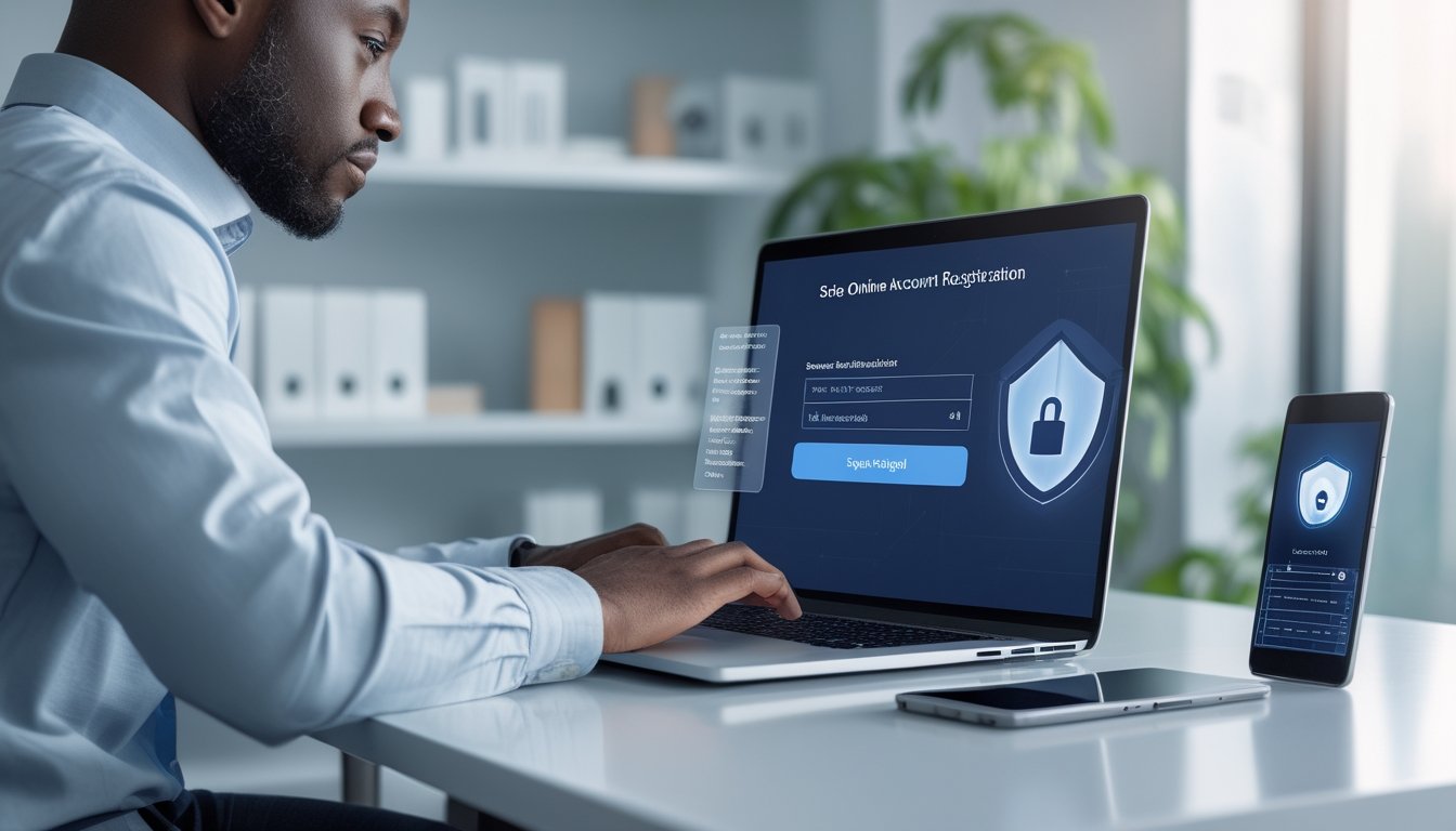 Seseorang mendaftarkan akun secara aman di laptop dengan simbol perlindungan data dan verifikasi di meja kerja.