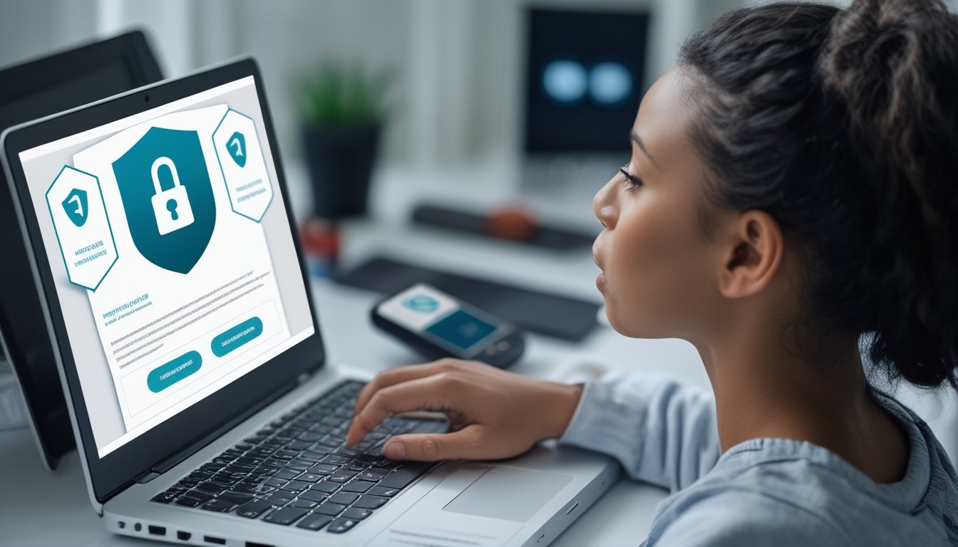 Orang dewasa memeriksa pendaftaran akun aman di laptop dengan simbol gembok dan perisai.