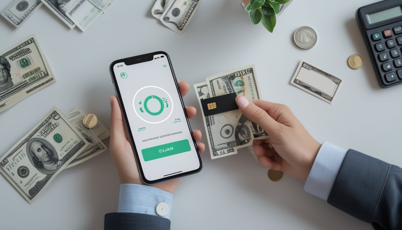 Ponsel dengan tampilan saldo digital abstrak, uang rupiah, kalkulator, dan kartu pembayaran di atas meja kerja.