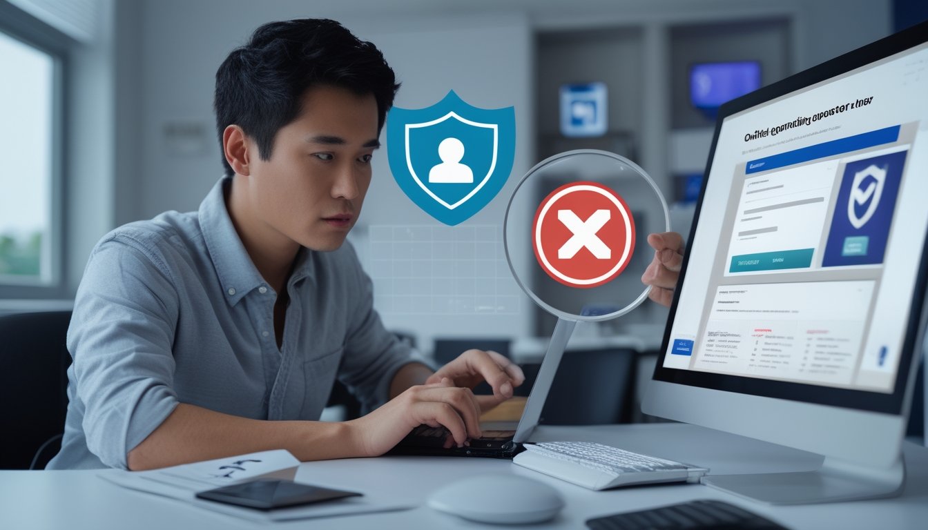 Orang dewasa memeriksa keamanan dan keabsahan platform slot online di laptop dengan simbol verifikasi dan peringatan.