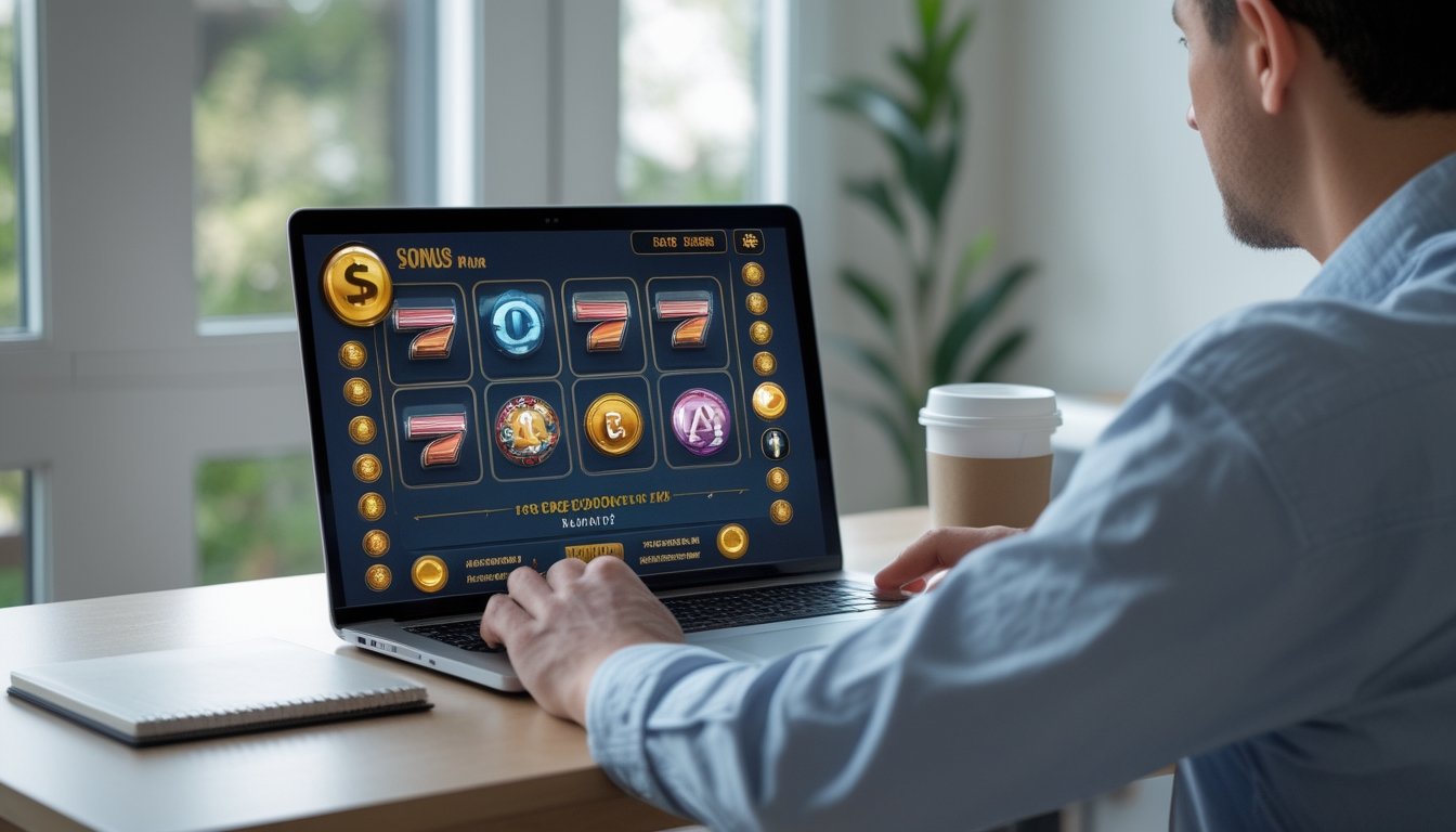 Orang dewasa menggunakan laptop untuk menjelajahi fitur bonus putaran pada permainan slot online di ruang kerja.