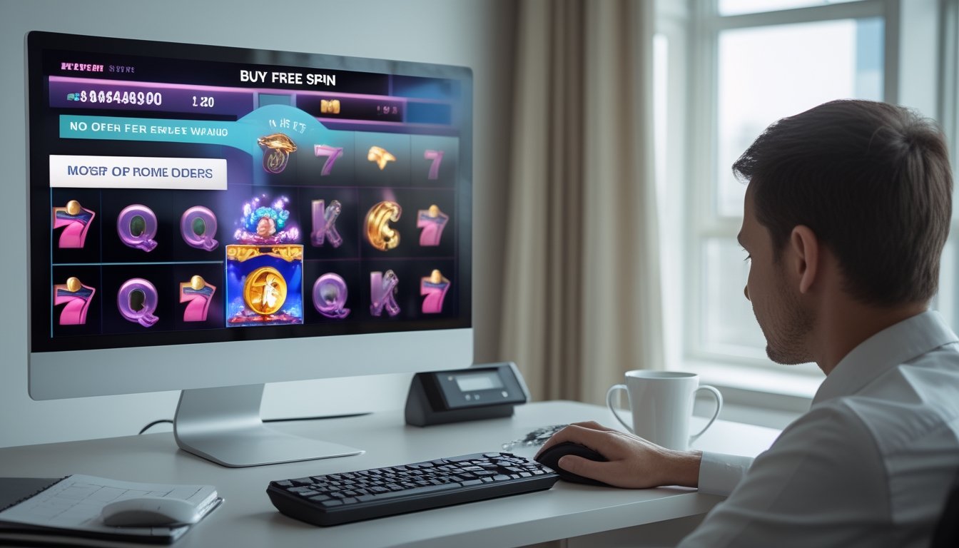 Seseorang sedang mempelajari permainan slot digital dengan tampilan bonus putaran gratis di monitor.