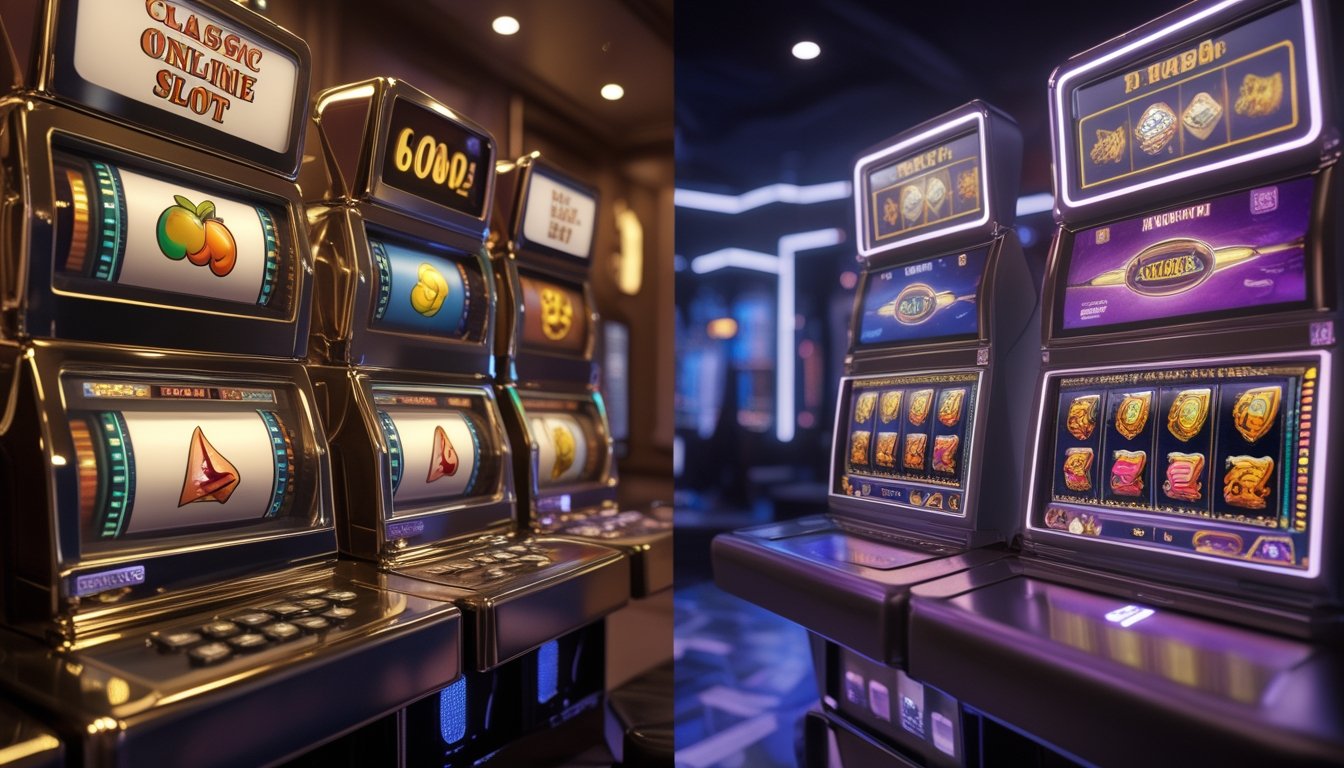 Perbandingan visual mesin slot klasik dengan mesin slot video modern dalam lingkungan permainan yang elegan.