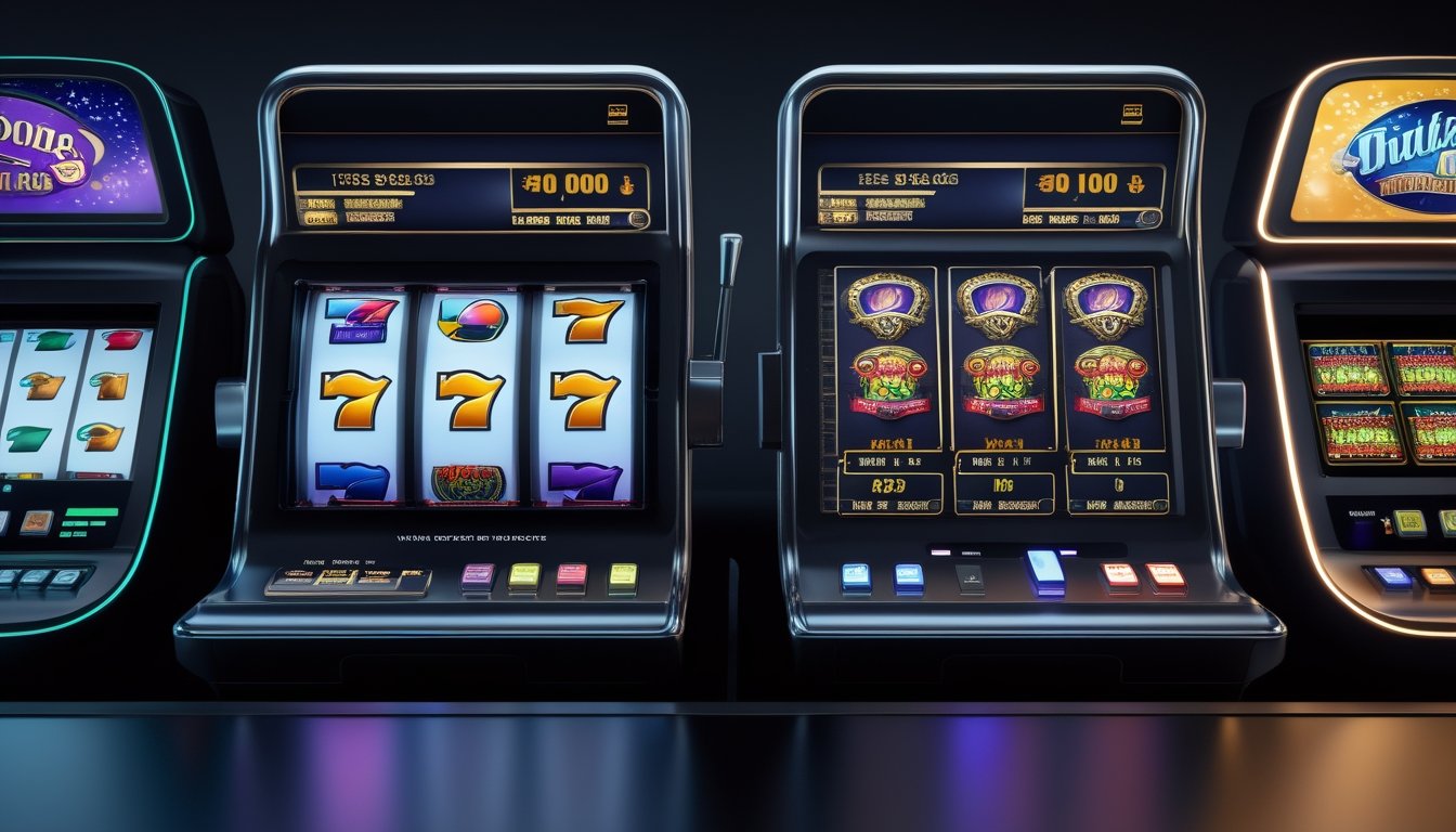 Dua mesin slot berdampingan, satu bergaya klasik dengan tiga gulungan dan satu bergaya modern dengan tampilan video yang lebih kompleks.