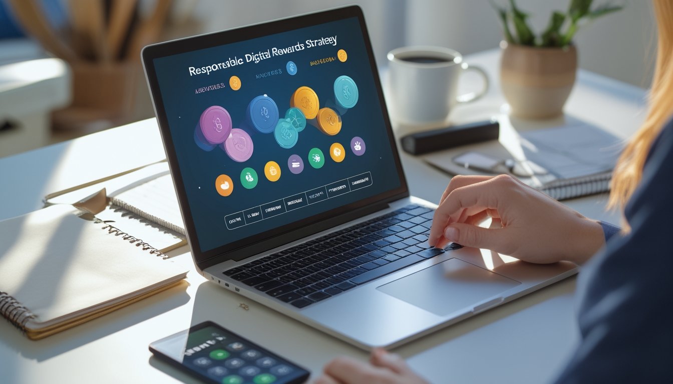 Seseorang merencanakan anggaran sambil melihat dasbor hadiah digital di laptop.